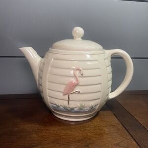 VTG MCM 40's pink FLAMINGO teapot Porcelier Vitreous Hand Painted China Rare